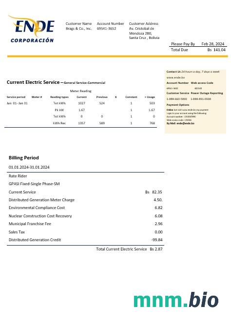 Boliwia ENDE Corporacion electricity rachunek za usługi komunalne szablon w formacie Word i PDF